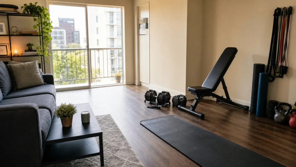 Gimnasio doméstico compacto con mancuernas bandas esterilla y banco