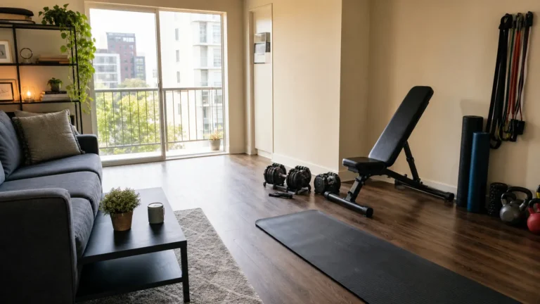 Gimnasio doméstico compacto con mancuernas bandas esterilla y banco