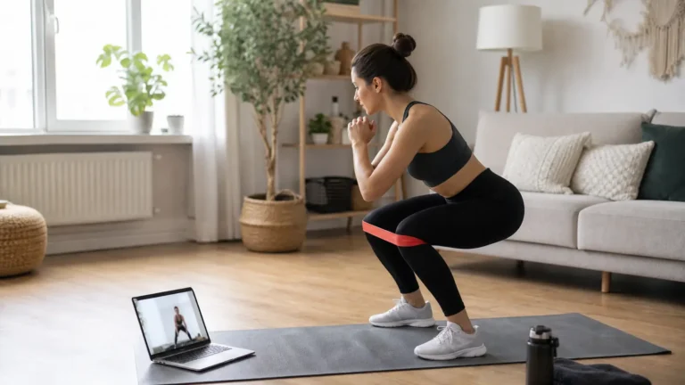 Principiante siguiendo una sesión de entrenamiento personal online con bandas en casa