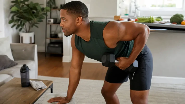 Adult combining strength training and balanced nutrition for body recomposition