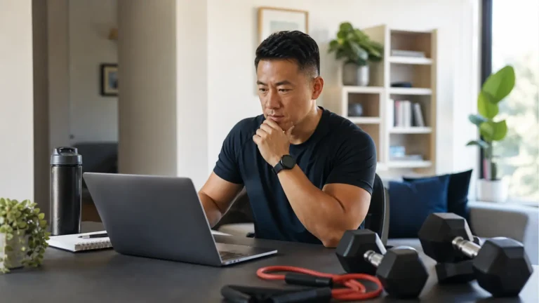 Adulto comparando precios y planes de entrenador personal online desde su casa en Estados Unidos
