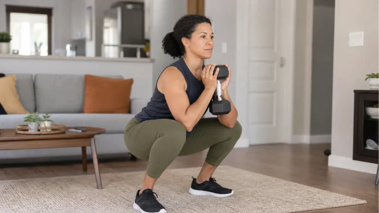 Principiante realizando una sentadilla goblet controlada durante un entrenamiento de fuerza en casa