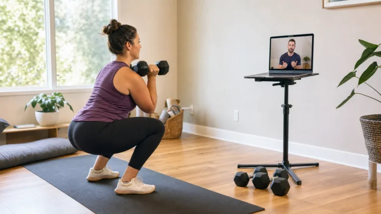 Entrenador personal online revisando por videollamada un plan personalizado con una clienta