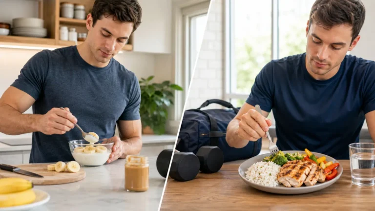 Adult eating practical meals before and after a strength workout